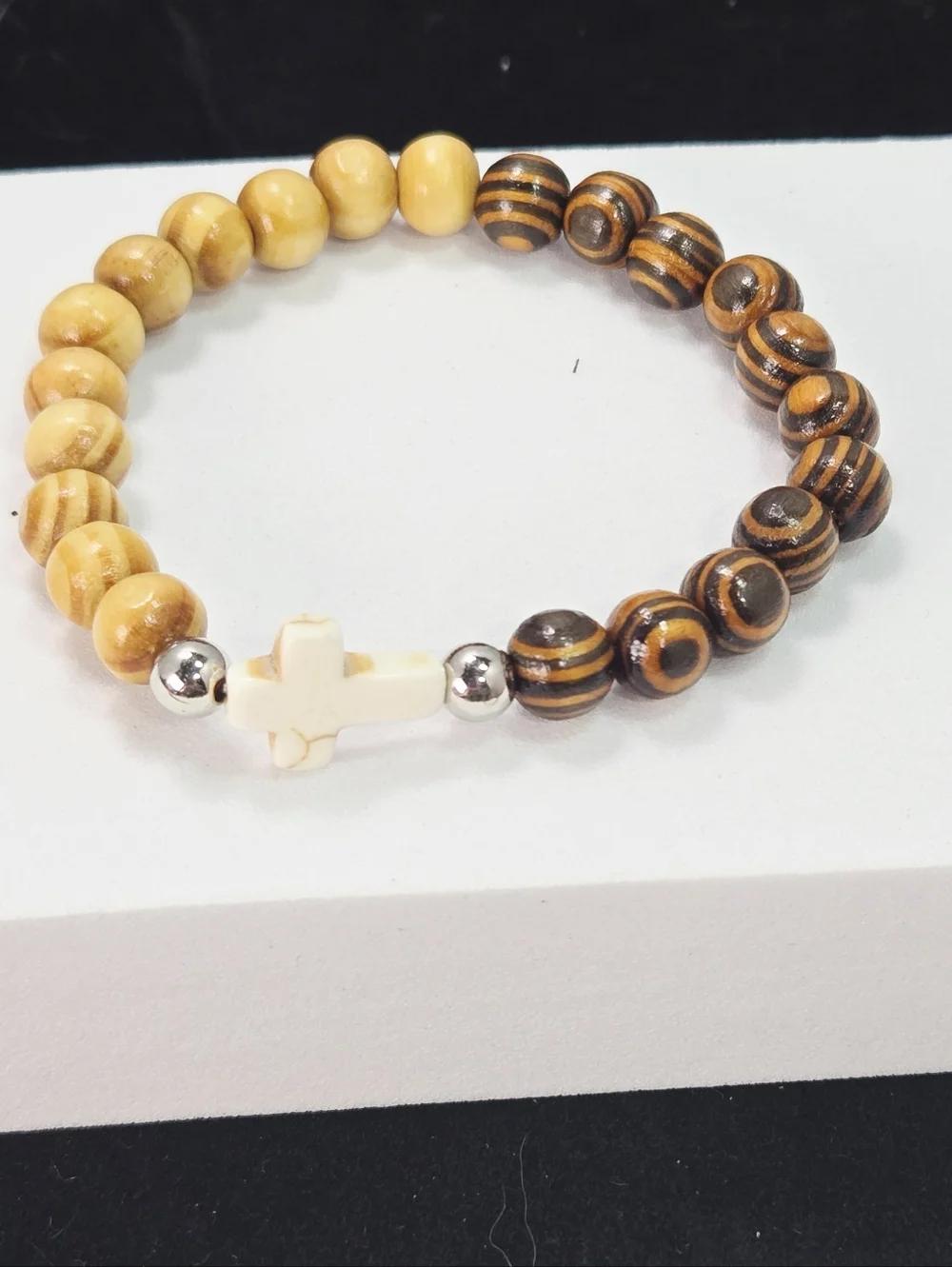 Cross Bead Bracelet Wood Beads Faith Bracelet Stretch Christian Jewelry Unisex